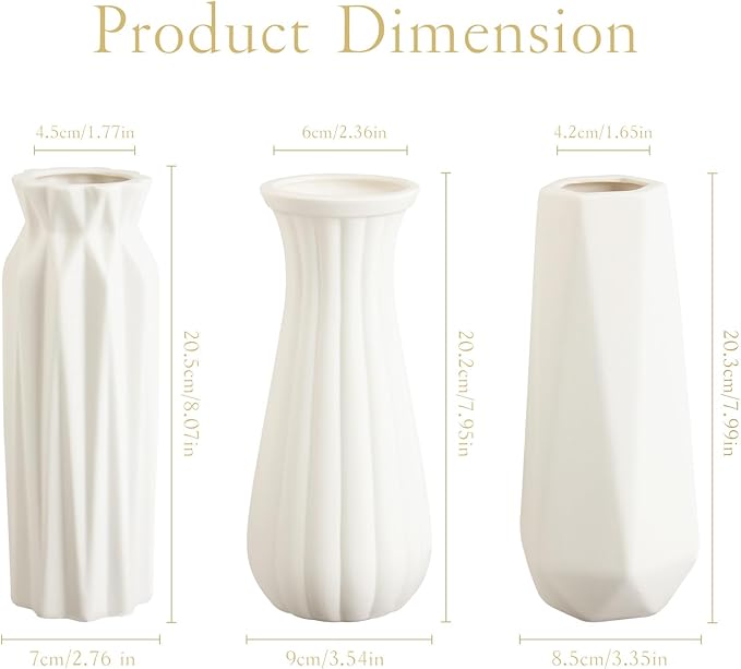 Ruckae 8 Inch Matte Ceramic Vases Set of 3 White Unglazed Vase Vintage Flower Vases for Wedding Dinner Table Party Office Centerpieces