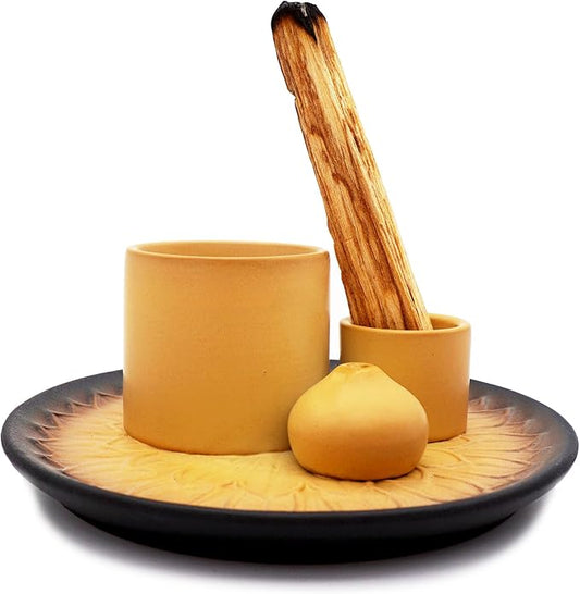 4 in 1 Multifunctional Ceramic Incense and Candle Holder with Ash Catcher Tray Suit for Burning White Sage, Palo Santo Sticks (Brown)