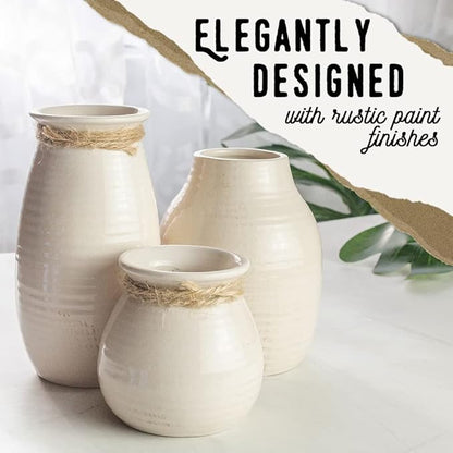 White Vases for Rustic Home Decor - Modern Farmhouse Ceramic Vase Set for Fireplace, Flowers, Living Room - Farmhouse Decorations for The Home, Set of 3