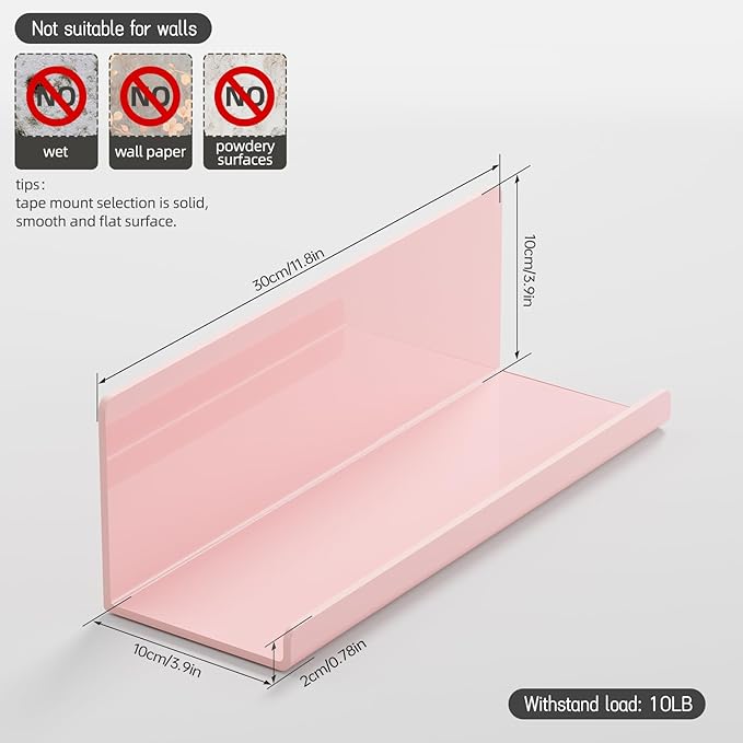 PAVSTINE Adhesive Floating Shelves for Wall No Drilling, 12 Inch Acrylic Self Adhesive Shelves, Stick on Shelves, Dorm Wall Shelf, for Bathroom, Kitchen, Bedroom, Office, Gaming Room, Pink