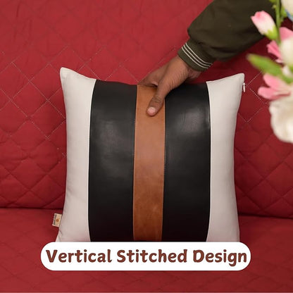 Genuine Lambskin Leather Pillow Cover, 14x14 Inch Case for Lumbar Throw Couch Pillows, Thick & Soft Cushion Covers for Sofa Bed Home Décor (White Black & Tan Pack of 2)
