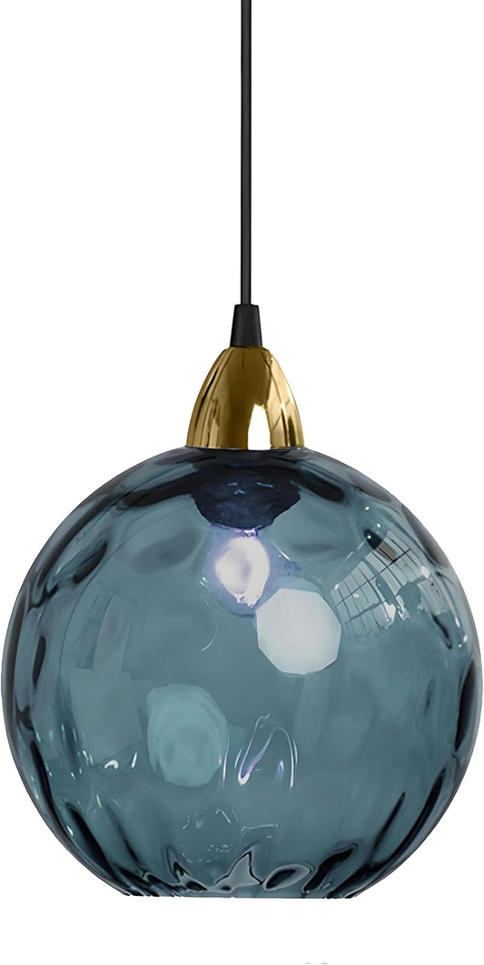 20cm/7.9’’ Industrial Vintage Spherical Glass Pendant Light, E26 Ceiling Hanging Lamp, Gold Finish & Ripple Glass Globe Shade, Dining Room Bedroom Chandelier (Dark Blue)