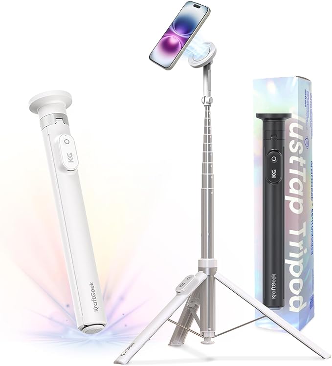 KraftGeek 66'' Magnetic Phone Tripod for iPhone MagSafe – Automatic Selfie Stick with Remote, Portable Tripod Stand for Video Recording, Travel, Vlogging (White)