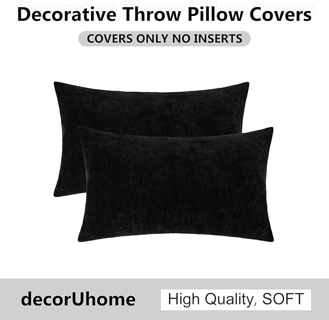 decorUhome Chenille Black Spring Throw Pillow Covers 12x20 Inch Set of 2, Decorative Soft Couch Pillow Covers Solid Dyed Accent Farmhouse Neutral Rectangle Pillow Cases for Sofa