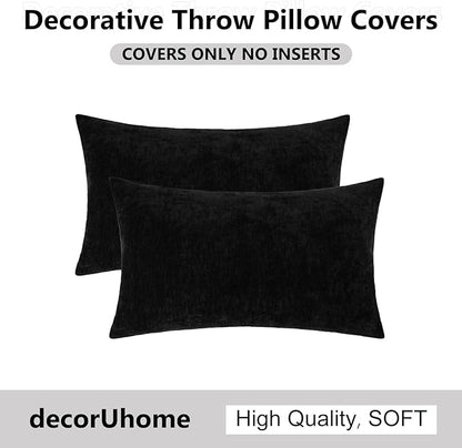 decorUhome Chenille Black Spring Throw Pillow Covers 12x20 Inch Set of 2, Decorative Soft Couch Pillow Covers Solid Dyed Accent Farmhouse Neutral Rectangle Pillow Cases for Sofa