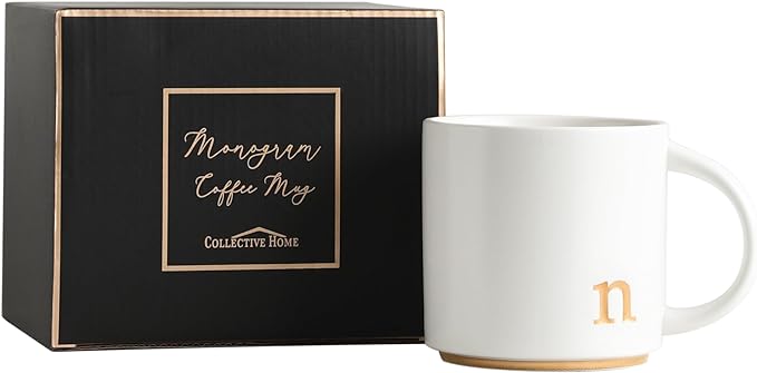 COLLECTIVE HOME - Monogram Ceramic Mugs, 15 oz Golden Initial Coffee Cups, Elegant Alphabet Tea Mugs, Elegant Personalized Mug with Gift Box, Luxurious Cups for Office and Home (n)