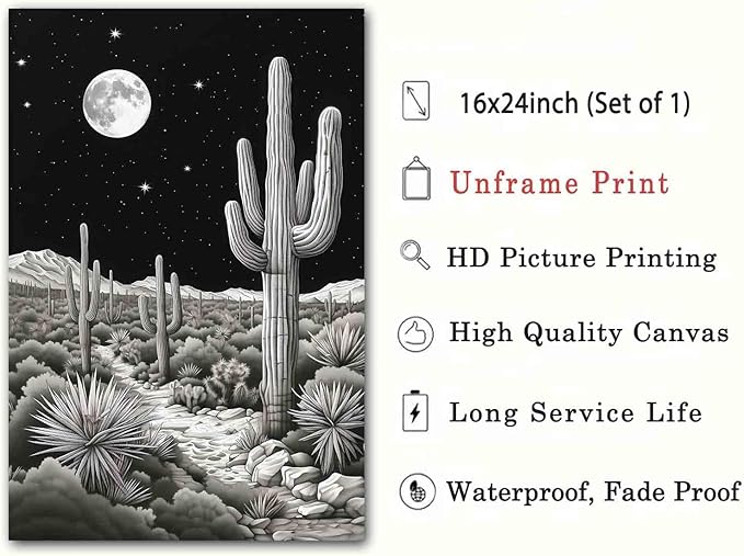 Black And White Cactus Wall Art Black Western Canvas Desert Landscape Wall Art Southwest Theme Pictures Vintage Cactus Print Vintage Night Landscape Print Mid Century Boho Picture 16x24inch No Frame