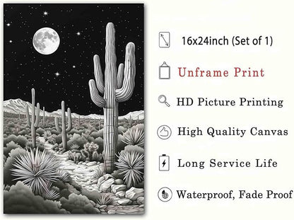 Black And White Cactus Wall Art Black Western Canvas Desert Landscape Wall Art Southwest Theme Pictures Vintage Cactus Print Vintage Night Landscape Print Mid Century Boho Picture 16x24inch No Frame