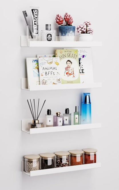 Albumgit 4 Pack Acrylic Shelves for Wall Storage, Self-Adhesive 15" White Floating Shelf for Pop Figures, Picture, Perfume, Books, Wall Shelf Organizer for Bathroom, Living Room, Bedroom, Kitchen