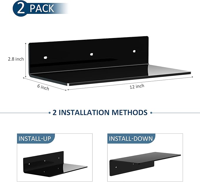 Sezanrpt 12 Inches Acrylic Wall Shelves 2 Pack, Floating Shelf for Wall Mounting, Acrylic Display Ledges for Funko Pop Figures, Home Décor, Living Room, Gaming Room, Plants(12 inch, Black)