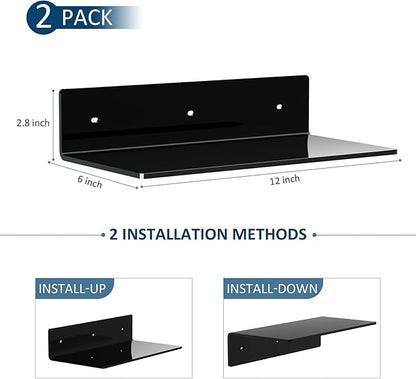 Sezanrpt 12 Inches Acrylic Wall Shelves 2 Pack, Floating Shelf for Wall Mounting, Acrylic Display Ledges for Funko Pop Figures, Home Décor, Living Room, Gaming Room, Plants(12 inch, Black)