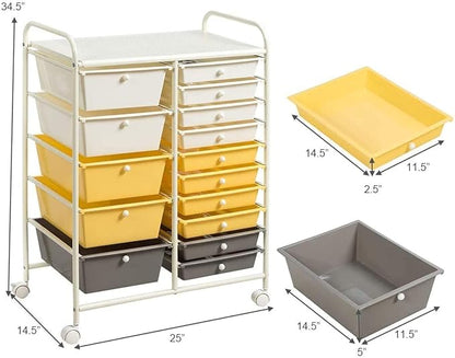 HAPPYGRILL 15-Drawer Rolling Cart, Storage Carts with Removable Drawers & Steel Frame, Utility Cart on Lockable Wheels for Home, School, Office, Yellow