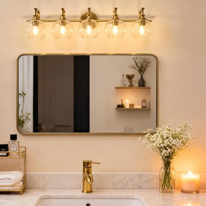 ANDY STAR Brushed Gold Bathroom Light Fixtures, 5-Light Vanity Lights for Mirror, 35 Inch Modern Wall Sconces Lighting with Globe Clear Shade Up or Down Wall Mounted for Bedroom, Living Room, Hallway