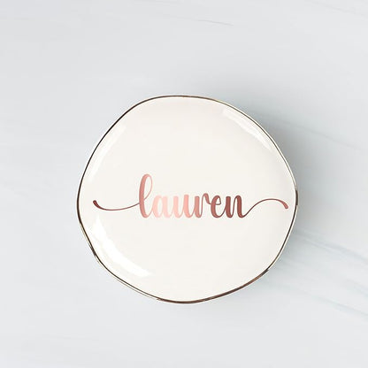 Personalized Ceramic Gold Trim Jewelry Tray Bridesmaid Wedding Engagement Gifts Jewelry Dish Decorative Trinket Custom Ring Dish With Name Couple Initials (Style A)