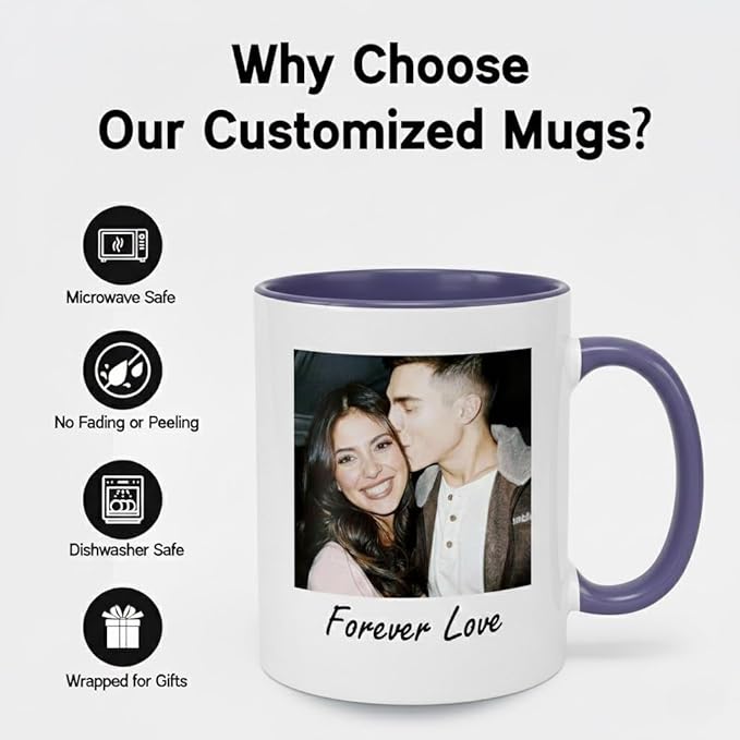 Custom Photo Coffee Mug, Personalized Forever Love Design Ceramic Cup for Anniversary Boyfriend Girlfriend Dishwasher Safe, 11oz (Purple)
