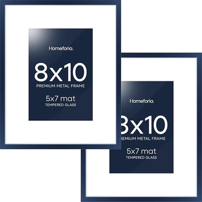 Homeforia 8x10 Picture Frame Navy Blue, High End Metal 8 x 10 Poster Frames with Mat 5 by 7 Print, 10x8 Thin Frame Matted to 7x5 Photo, 8by10 Wall or Tabletop Frame, Tempered Glass, Wall Kit, Set of 2