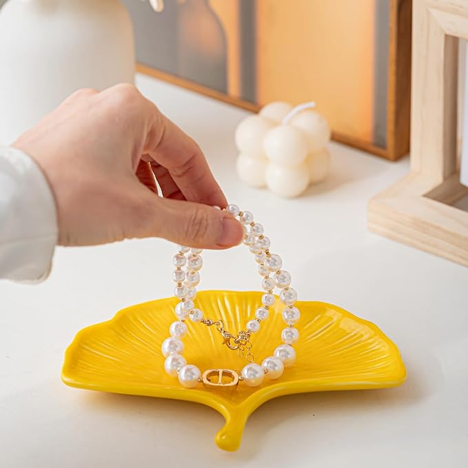 Ceramic Jewelry Tray Trinket Dish, Jewelry Dish for Women, Ginkgo Leaf Ceramic Plate, Ring Dish Holder for Earrings Necklace Organizer, Mother's Day Christmas Birthday Gift