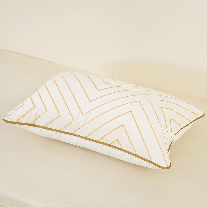 Avigers 12 x 20 Inch White Gold Striped Geometric Lines Embroidery Velvet Cushion Case Luxury Modern Lumbar Throw Pillow Cover Decorative Pillow for Couch Living Room Bedroom Car 30 x 50cm
