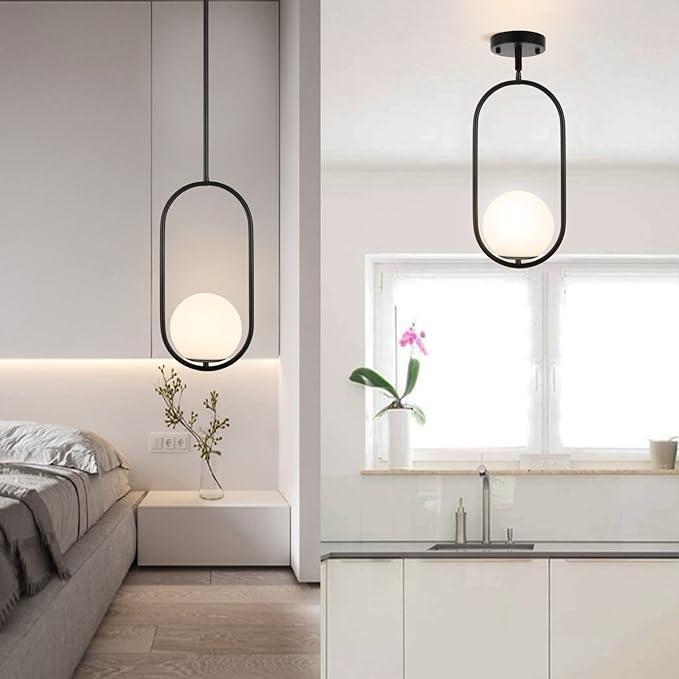 Modern Globe Pendant Light Mid Century Chandelier 1-Light Matte Black Ceiling Hanging Lighting Fixture with White Globe Glass Lampshade for Kitchen Island Dining Room Bedroom (2 Pack)