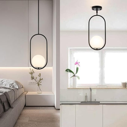 Modern Globe Pendant Light Mid Century Chandelier 1-Light Matte Black Ceiling Hanging Lighting Fixture with White Globe Glass Shade for Kitchen Island Dining Room Bedroom