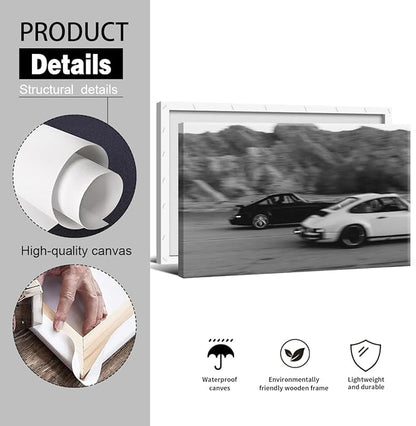 Black and White Photography Canvas Wall Art, Race Cars Aesthetic Poster, Trendy Classic Car Racing Photo Print Gift for Timeless Speed Enthusiasts, Man Cave Bedroom Wall Decor 24x36in Wrapped Canvas
