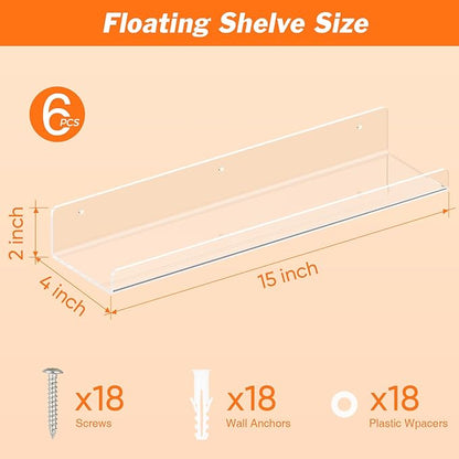 Dooiclear 6 Pack Floating Shelves for Wall, 15" Clear Book Shelf, Acrylic Floating Wall Shelf, Display Shelves Organizer for Bathroom, Classroom, Bedroom, Living Room, Kitchen, Room Decor