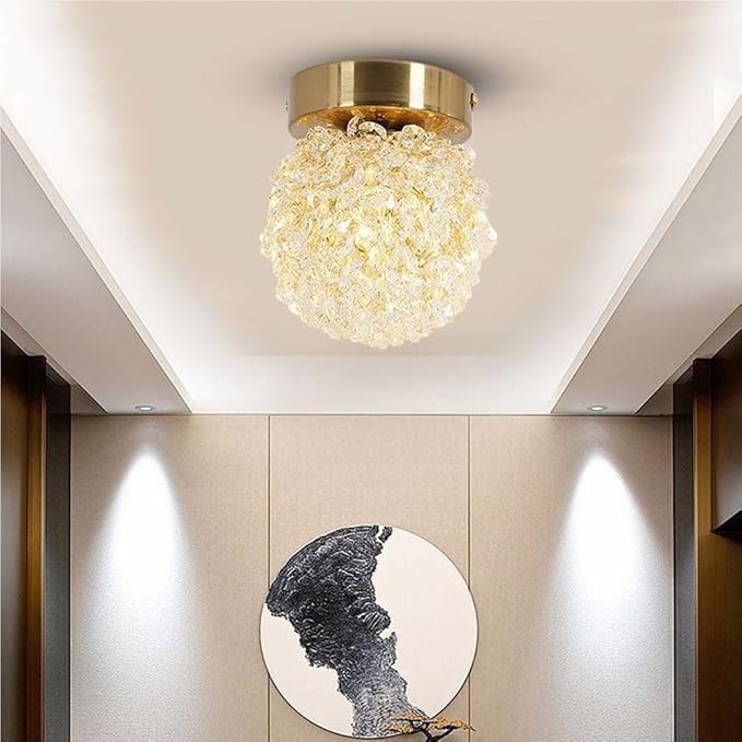 Modern Crystal Flush Mount LED Ceiling Light Brass Color Iron Electroplating Spherical Ceiling Lamp Small Hallway Entryway Corridor Decorative Lighting Fixture