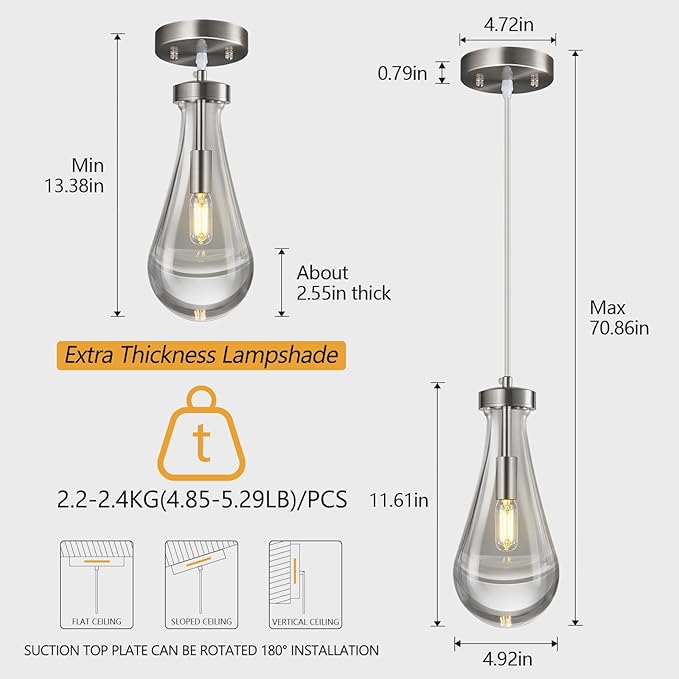 Raindrop Pendant Lights Kitchen Island Teardrop Nickel Hanging Light Fixtures Clear Solid Glass Pendant Light Modern Chandeliers for Dining Room Porch Corridor Living Room(2-Pack)