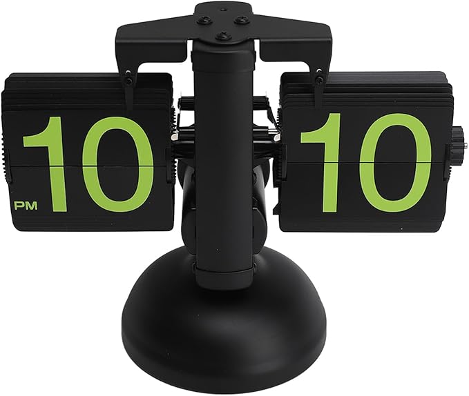 FOSA Flip Clock Retro Mechanical Digital Minimalist 12H Battery Operated Stainless Steel Desk Clock for Home Office Living Room (Black Frame Green Number)