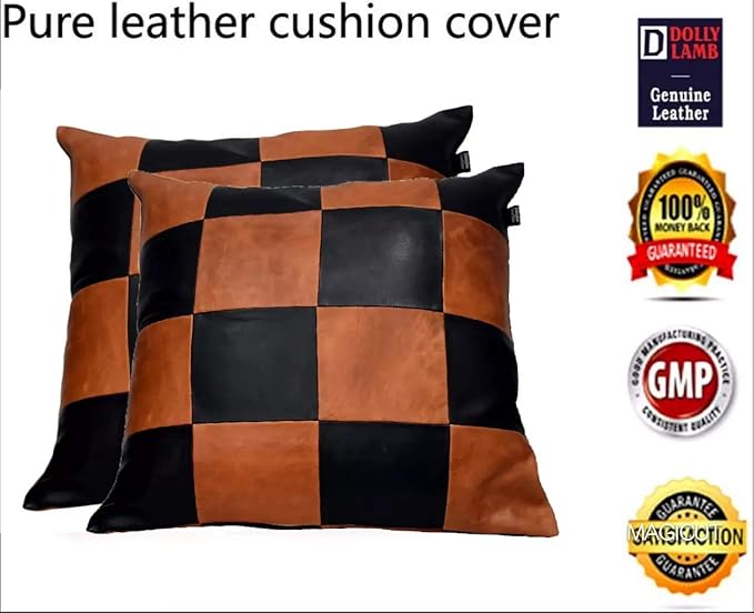 D DOLLY LAMB Lambskin Leather Pillow Cover - Sofa Cushion Case - Decorative Throw Covers for Living Room & Bedroom, 20x20 Inches - Check Camel & Black Pack of 2