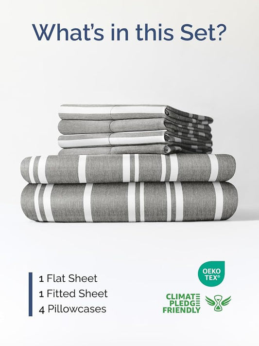Extra Deep King Sheet Set - 6 Piece Breathable and Cooling Sheets - Hotel Luxury Bed Sheets Set - Easy Fit - Soft, Wrinkle Free and Comfy Sheets Set - Grey Striped Sheet Set with Extra Deep Pockets