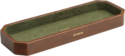 SANZIE Leather Tray Organizer Small Trays Decorative Tray Desktop Storage Premium Serving Tray Valet for Sundries Cosmetics Keys Phone Wallet Cutlery (Brown, Medium)