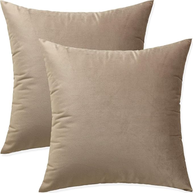 Artaimee Khaki Velvet Throw Pillow Covers 18x18 Inch, Set of 2 – Soft Decorative Cushion Cases for Sofa, Couch, Bed, or Chair – Square Plush Pillowcases with Hidden Zipper, Home & Living Room Décor