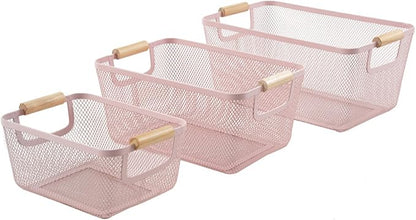 Metal Mesh Steel Basket, Small Wire Storage Organizer Baskets Multi-function Hanging Kitchen Basket with Wood Handle for Kitchen Bathroom Picnic Home, Rectangle-Pink