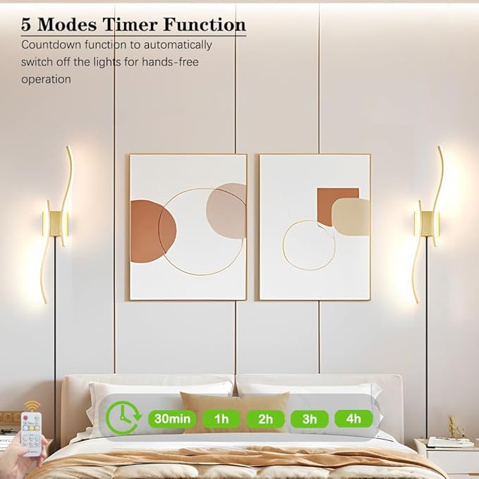 Modern Plug in Wall Sconce Set of 2, Gold Dimmable LED Wall Light with Remote Control, 3CCT Adjustable & Memory Function, Timer, Plug in Cord Wall Lamp for TV Wall Living Room Hallway Bedroom