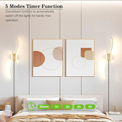 Modern Plug in Wall Sconce Set of 2, Gold Dimmable LED Wall Light with Remote Control, 3CCT Adjustable & Memory Function, Timer, Plug in Cord Wall Lamp for TV Wall Living Room Hallway Bedroom