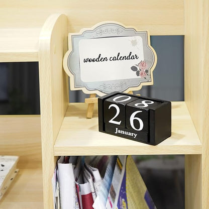 Perpetual Desk Calendar Wooden Block Calendar for Desk Reusable Date Display Blocks for Office Home Decor Teacher Classroom Accessory (Black)