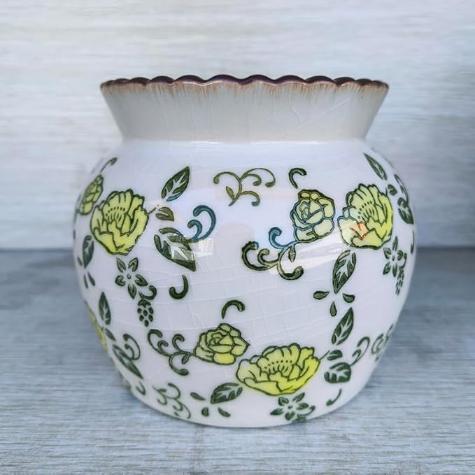 SIDUCAL Ceramic Yellow Rose Floral Vase with Wide Mouth Lace, 4.84 Inch Cracked Chinoiserie Rustic Farmhouse Vases, Pastoral Retro Vase for Home Decor, Table, Living Room, Bathroom, Shelf, Wedding