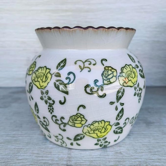 SIDUCAL Ceramic Yellow Rose Floral Vase with Wide Mouth Lace, 4.84 Inch Cracked Chinoiserie Rustic Farmhouse Vases, Pastoral Retro Vase for Home Decor, Table, Living Room, Bathroom, Shelf, Wedding