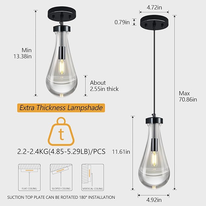 Raindrop Pendant Lights Kitchen Island Teardrop PlatingBlack Hanging Light Clear Solid Glass Pendant Light Modern Chandeliers for Dining Room Porch Corridor Living Room(PlatingBlack 1-Pack)