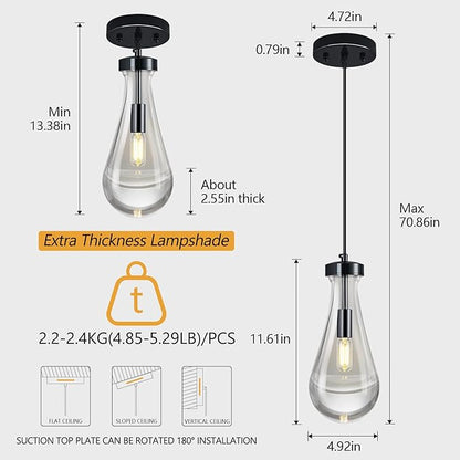 Raindrop Pendant Lights Kitchen Island Teardrop PlatingBlack Hanging Light Fixtures Clear Solid Glass Pendant Light Modern Chandeliers for Dining Room Porch Corridor Living Room(Black 3-Pack)