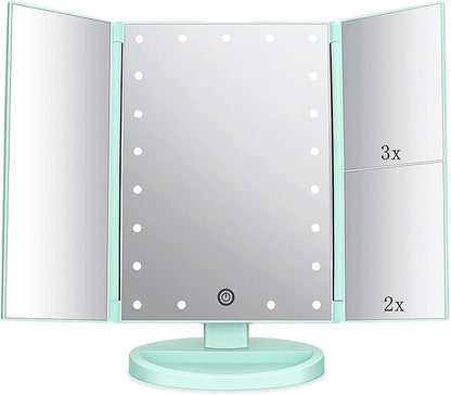 Tri-fold Lighted Vanity Makeup Mirror with 3x/2x Magnification,21 LEDs Light and Touch Screen,180 Degree Free Rotation Countertop Cosmetic Mirror,Travel (Green)