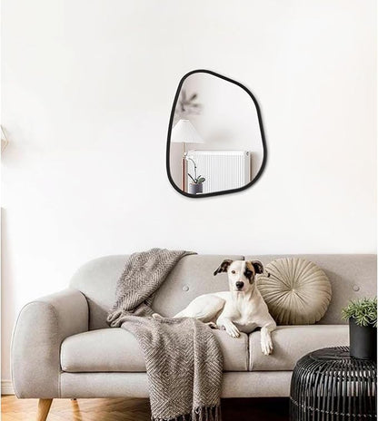 Irregular Bathroom Mirror Modern Oval Wall Mirror Asymmetrical Wooden Framed Wall Mirror Unique Shape Wall Mounted Vanity Artistic Mirror Decor for Living Room Bedroom Entryway Small 16"x12"