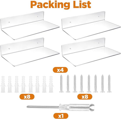 4 Pack 12 Inch L-Shaped Acrylic Floating Shelf Clear Wall Mounted Shelves Invisible 4.3MM Thick Shelf for Wall Storage Clear Shelves for Makeup Photo Picture Book Record Display