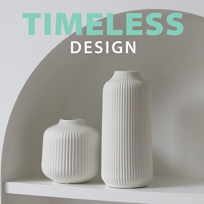 Ceramic Vases in Nordic Style, Modern Vase Deco for Pampas Grass, Boho Deco for Windowsill, Vases Set in White Matt, Flower Vase as Home Decoration for Fresh Flowers, Dried Flowers, Set of 2