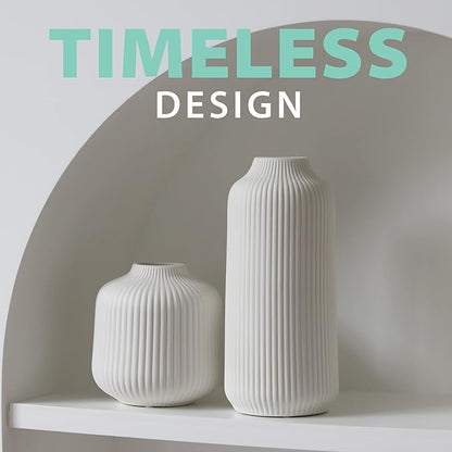 Ceramic Vases in Nordic Style, Modern Vase Deco for Pampas Grass, Boho Deco for Windowsill, Vases Set in White Matt, Flower Vase as Home Decoration for Fresh Flowers, Dried Flowers, Set of 2