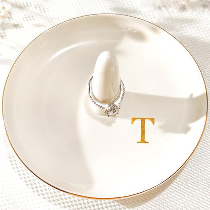 Ceramic Initials Jewelry Tray Ring Dish With Personalized T-Monogrammed Engagement Wedding Gifts, for Birthday Mother's Day for Women, Ceramic White 4.7" x2.4"