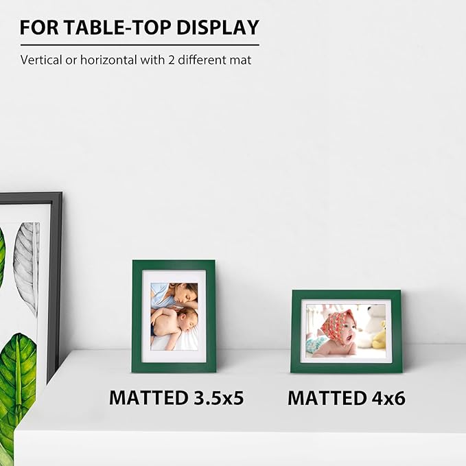 KINLINK 5x7 Picture Frame Green, Solid Wood Frames with Acrylic Plexiglass for 3.5x5/4x6 with Mat or 5x7 without Mat, Tabletop and Wall Display Photo Frame, Set of 4
