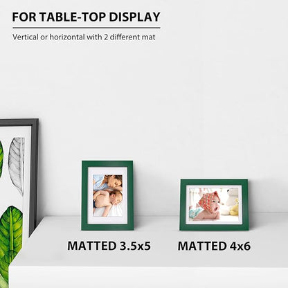 KINLINK 5x7 Picture Frame Green, Solid Wood Frames with Acrylic Plexiglass for 3.5x5/4x6 with Mat or 5x7 without Mat, Tabletop and Wall Display Photo Frame, Set of 4