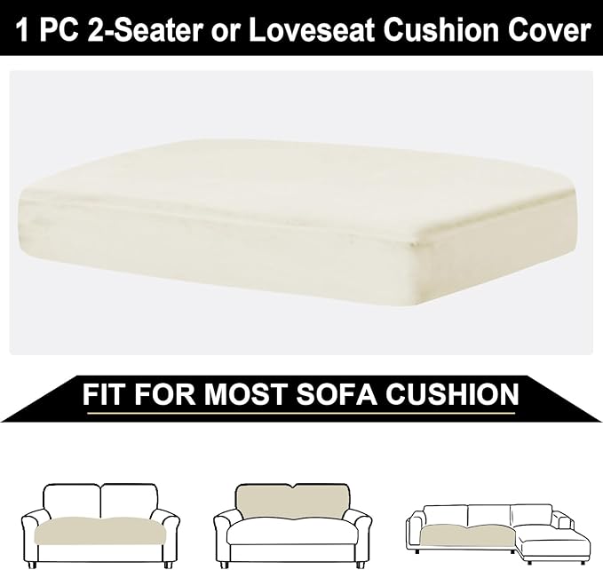 NAISI Couch Cushion Covers 1 Piece Velvet Stretch Loveseat Cover or 2 Seat Sofa Cover Soft Individual Couch Covers for Sectional Sofa(1 PC for 2-Seat Cushion or Loveseat,Cream)